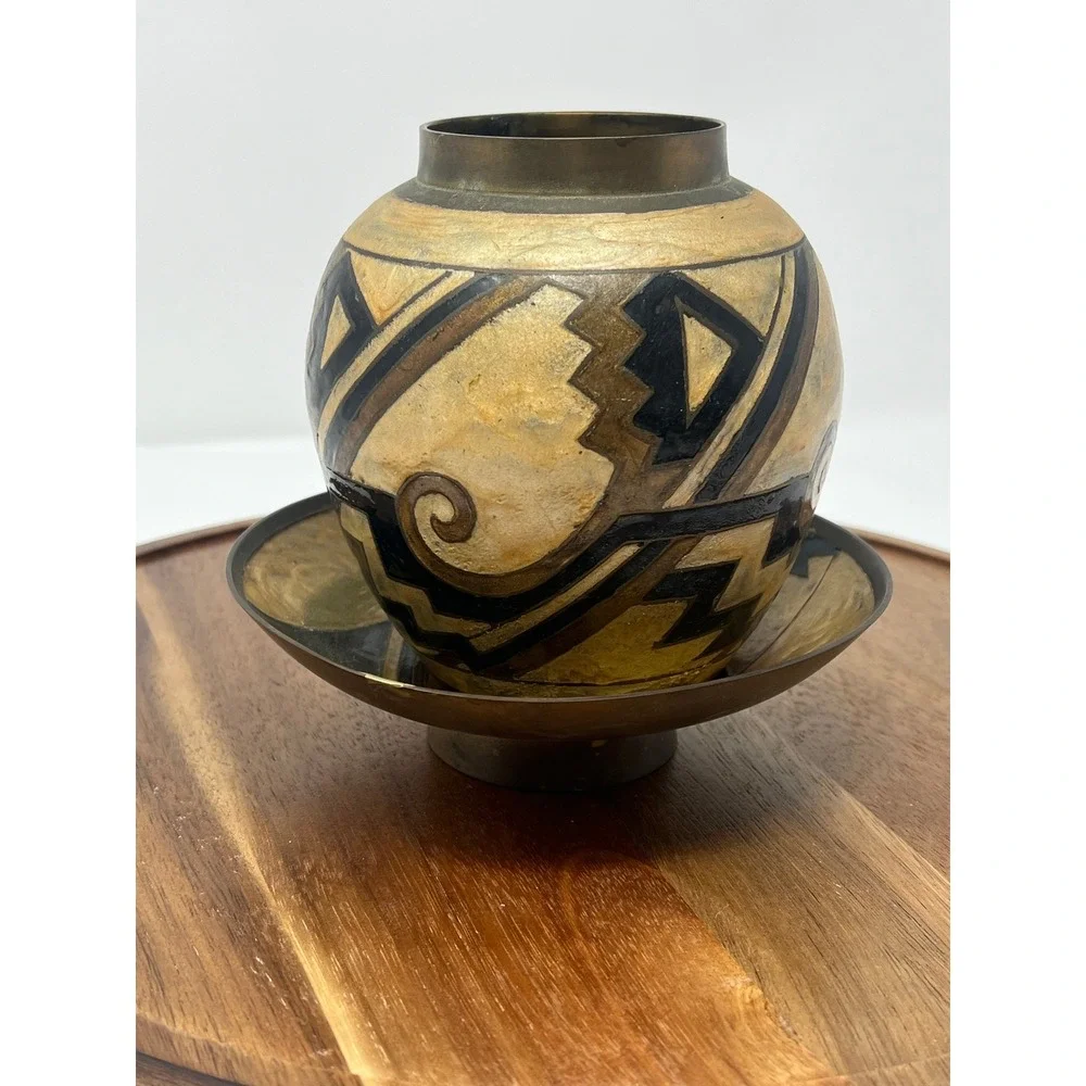 Vintage Decorative Vase Southwestern Geometric Design Brass